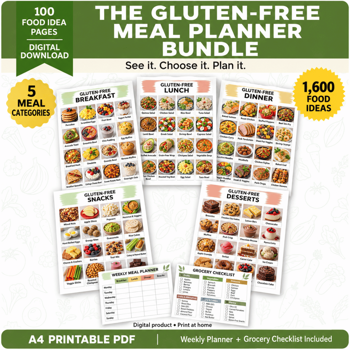 Gluten-Free Meal Planner Bundle — 100 Printable Food Idea Pages + Weekly Planner & Grocery List