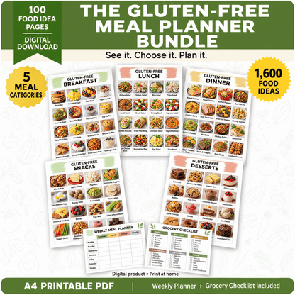 Gluten-Free Meal Planner Bundle — 100 Printable Food Idea Pages + Weekly Planner & Grocery List