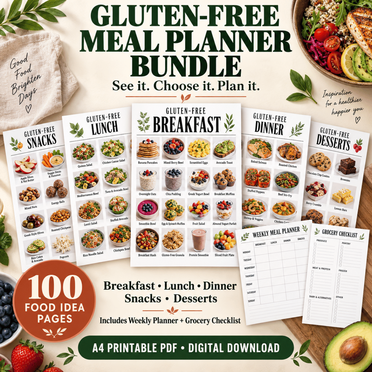 Gluten-Free Meal Planner Bundle — 100 Printable Food Idea Pages + Weekly Planner & Grocery List